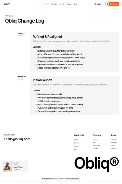 Obliq Changelog page design