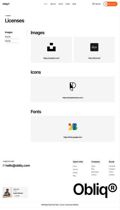 Obliq Licenses page design
