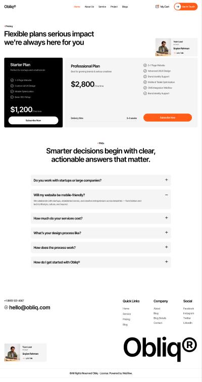 Obliq Pricing page design